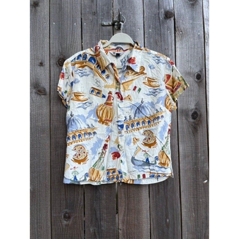 Tori Richard Italy Novelty Print Rayon Button Down Shirt Womens Hawaii Large